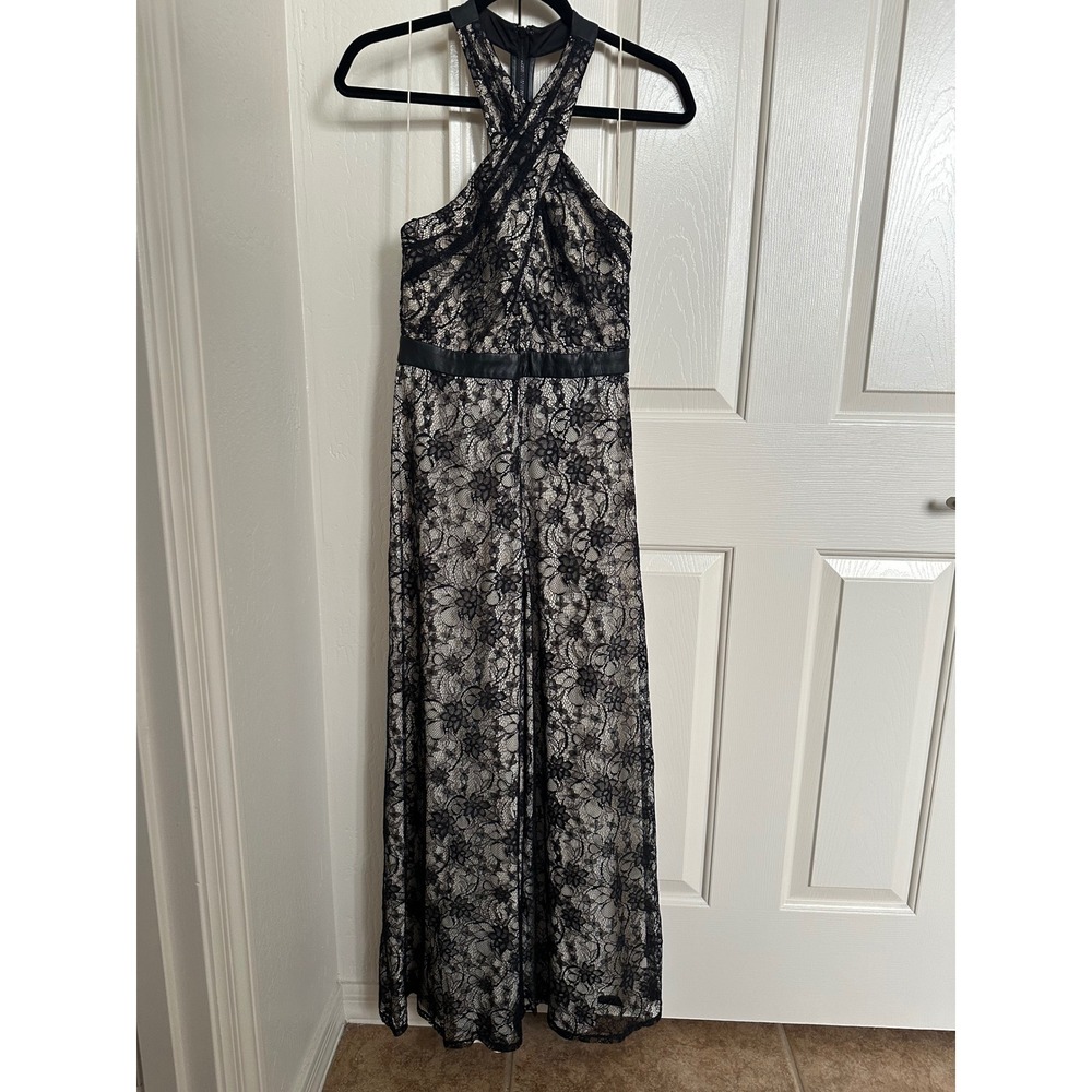 Alice + Olivia‎ Blakey Black Lace Halter Wide Leg Jumpsuit Leather Trim